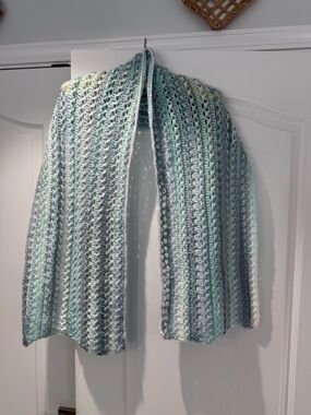 Hand Made Soft Striped Crochet Scarf in Mint, Gray & Cream